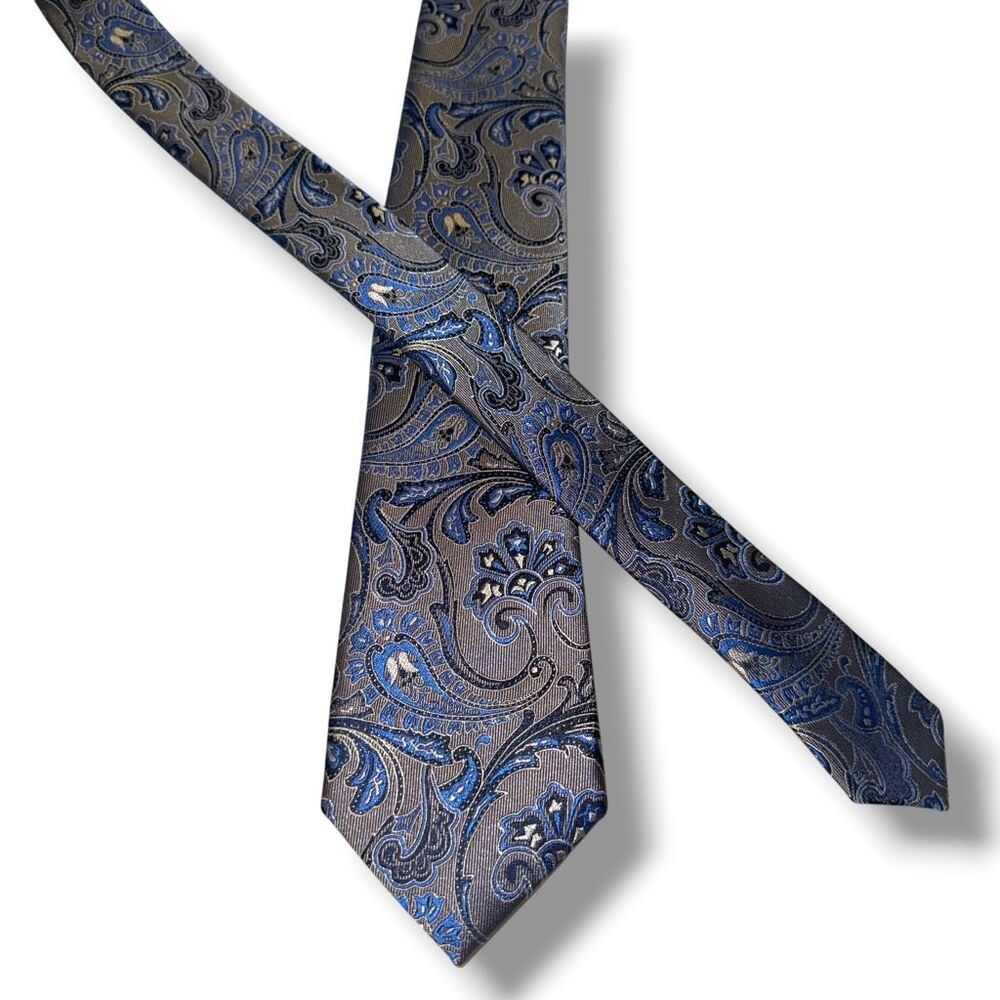 Jos. A Bank Reserve Gray & Blue Paisley Handmade Silk Neck Tie